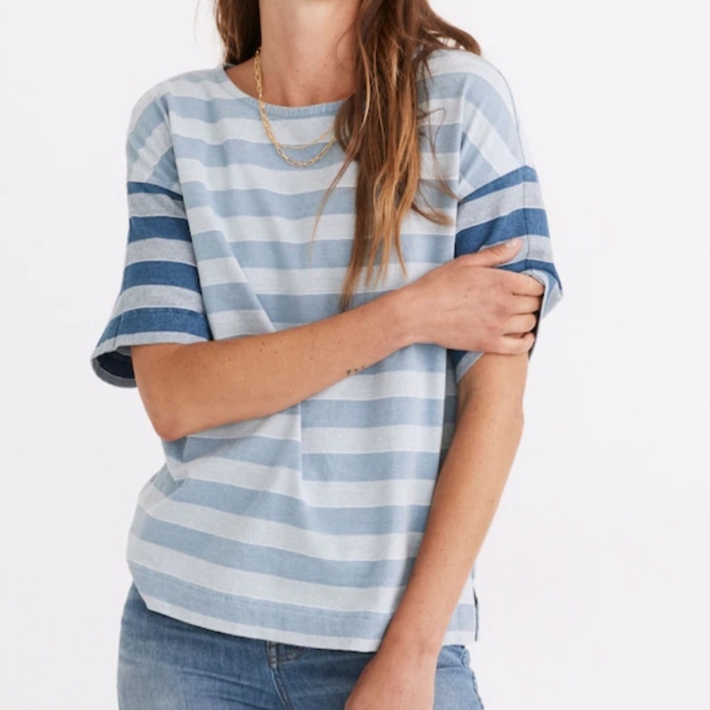 Madewell Light Blue and White Striped Short Sleeve Tee